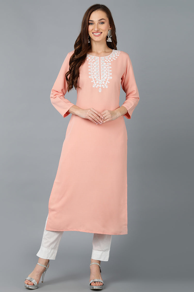 Peach Cotton Blend Embroidered Kurta VCK9147