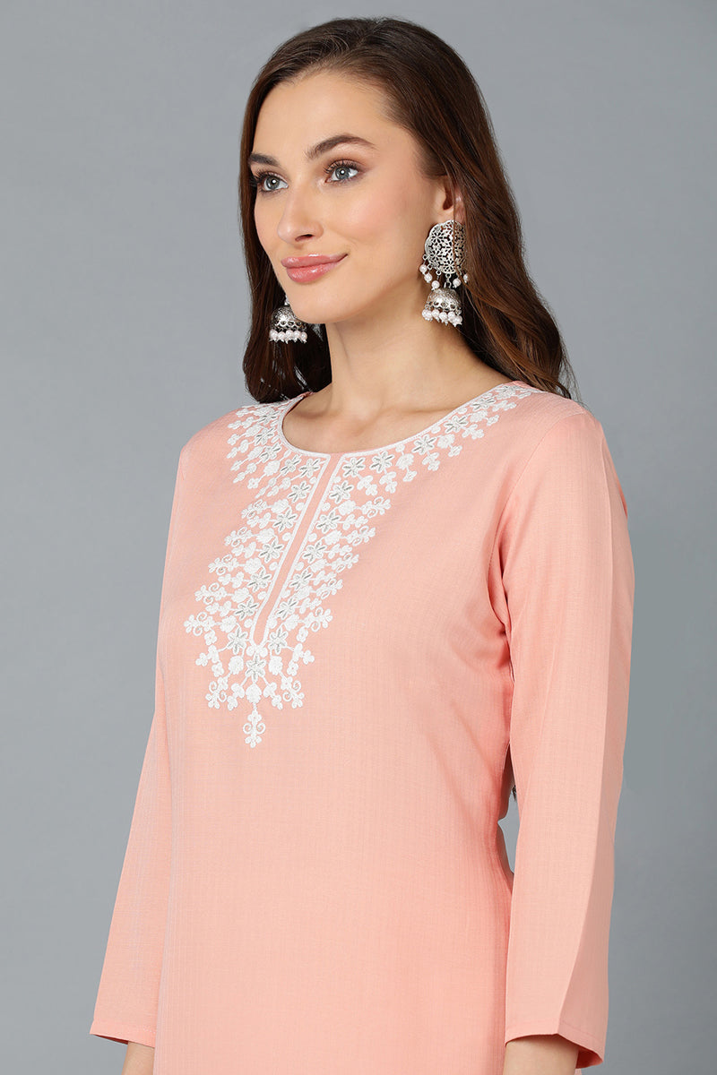 Peach Cotton Blend Embroidered Kurta VCK9147