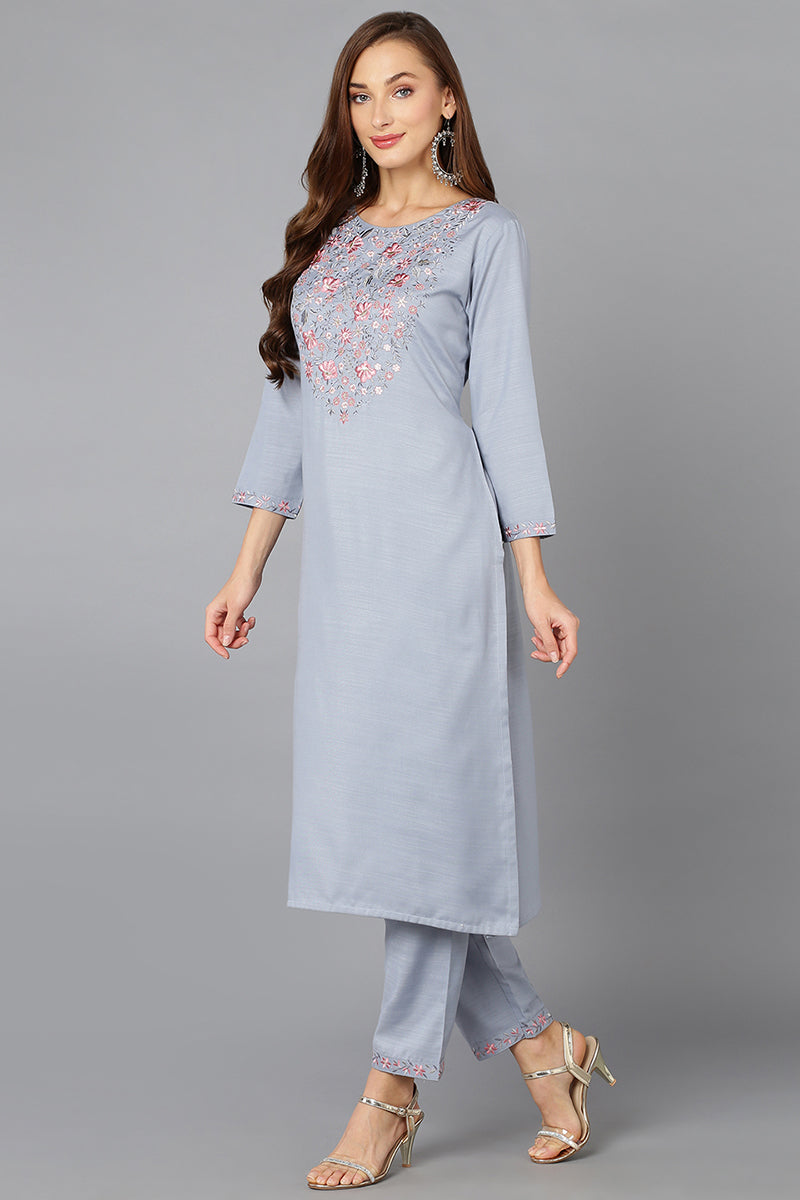 Cotton Blend Blue Embroidered Straight Kurta VCK9212