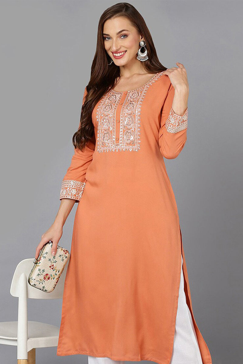 Coral Peach Viscose Rayon Embroidered Straight Kurta VCK9220