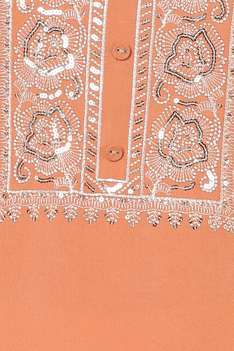 Coral Peach Viscose Rayon Embroidered Straight Kurta VCK9220