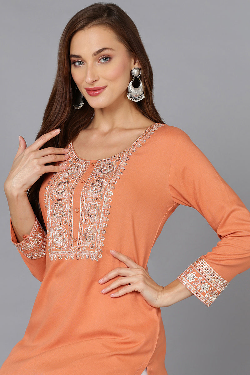 Coral Peach Viscose Rayon Embroidered Straight Kurta VCK9220