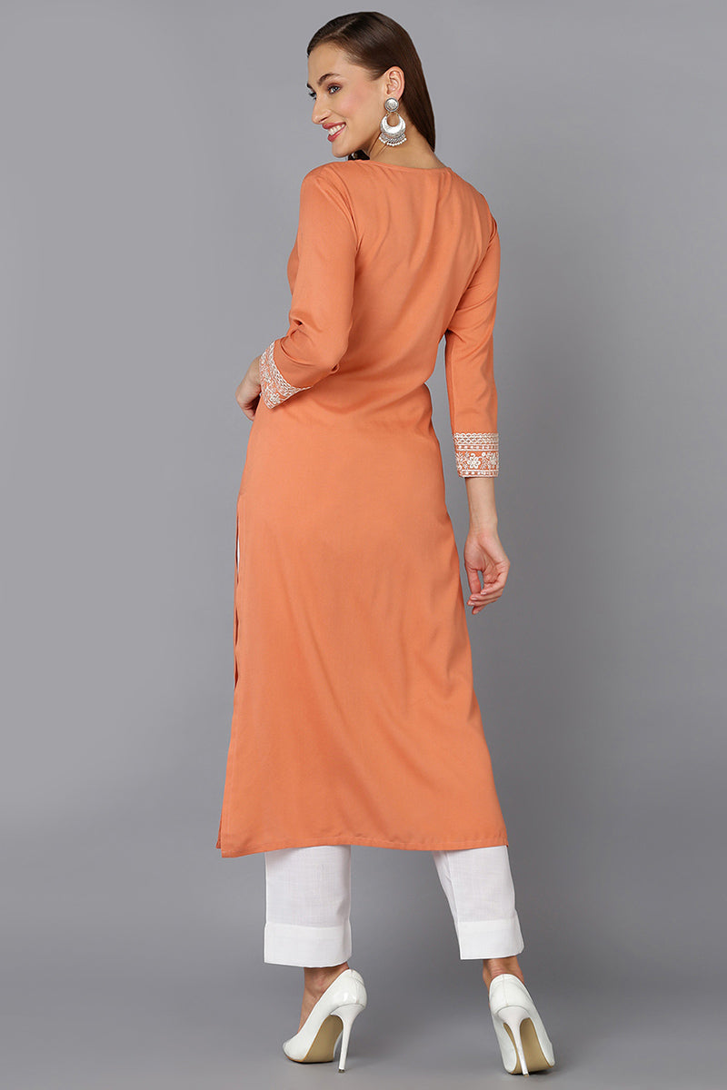 Coral Peach Viscose Rayon Embroidered Straight Kurta VCK9220