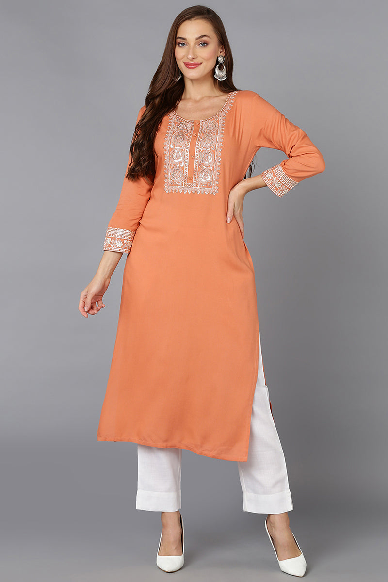 Coral Peach Viscose Rayon Embroidered Straight Kurta VCK9220