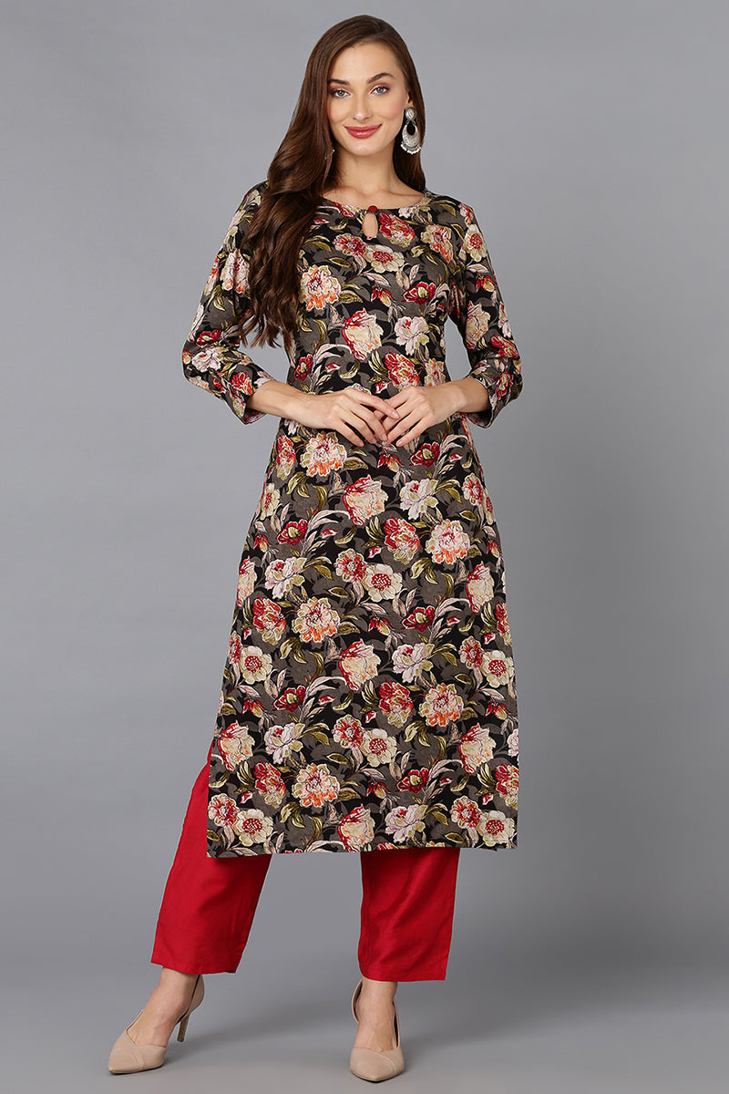 Cotton Blend Black Floral Printed Straight Kurta VCK9221