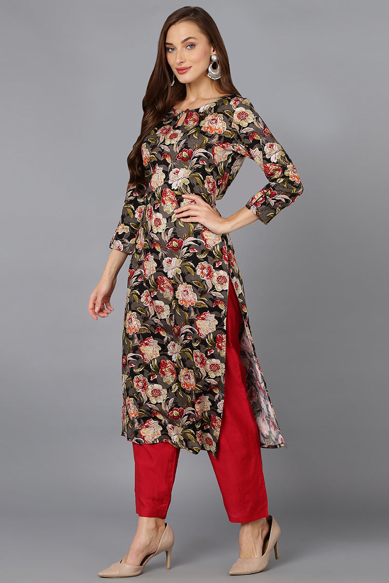 Cotton Blend Black Floral Printed Straight Kurta VCK9221