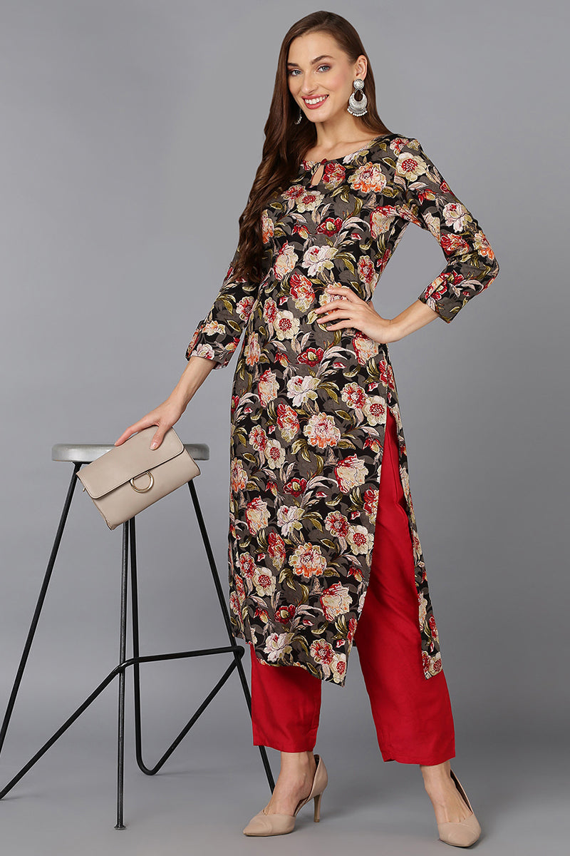 Cotton Blend Black Floral Printed Straight Kurta VCK9221