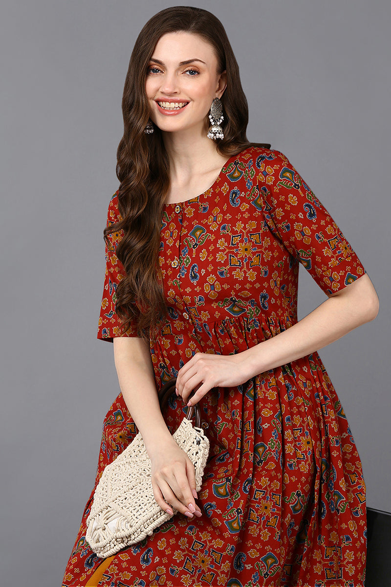 Cotton Red Floral Printed Flared Kurta VCK9227