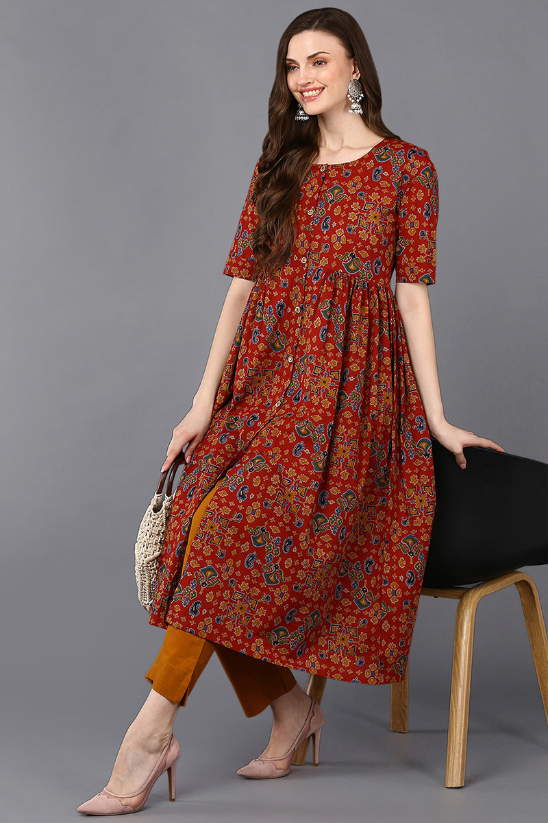 Cotton Red Floral Printed Flared Kurta VCK9227