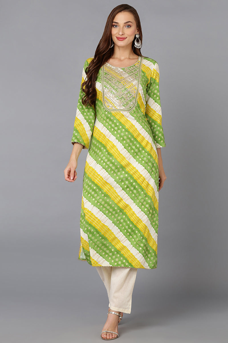 Green Cotton Blend Printed Straight Kurta VCK9228