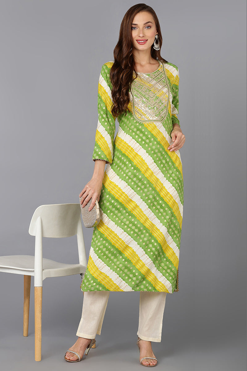 Green Cotton Blend Printed Straight Kurta VCK9228