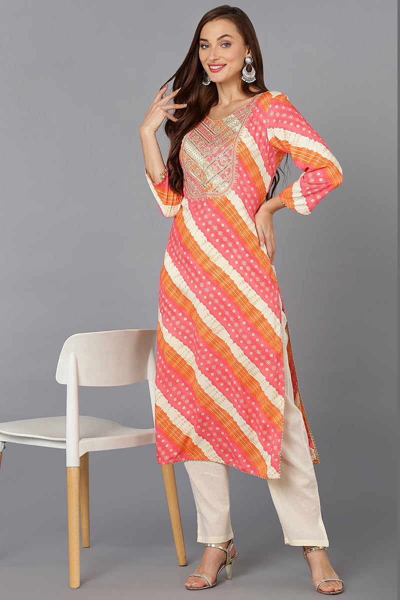 Pink Cotton Blend Embroidered Straight Kurta VCK9229