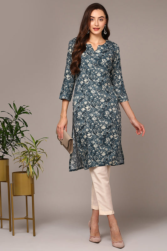 Cotton Blend Prussian Blue Printed Straight Kurta VCK9243