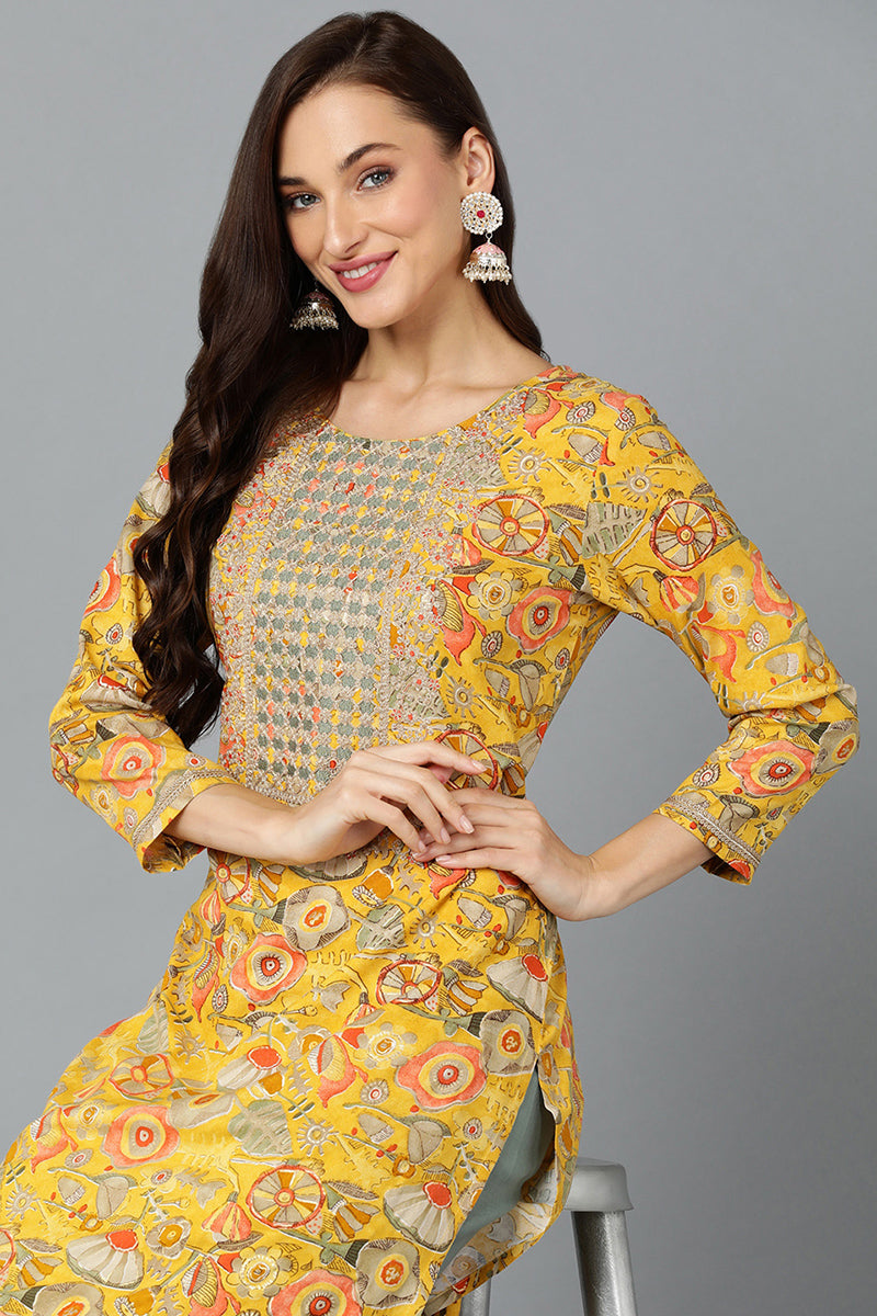 Chrome Yellow Cotton Blend Floral Printed Straight Kurta VCK9244