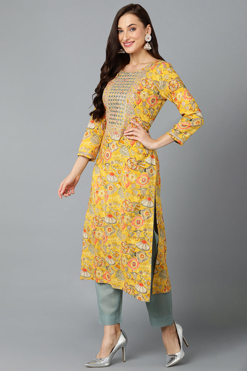 Chrome Yellow Cotton Blend Floral Printed Straight Kurta VCK9244