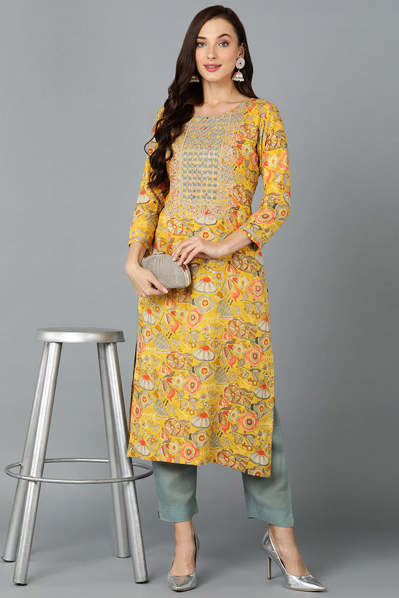 Chrome Yellow Cotton Blend Floral Printed Straight Kurta VCK9244