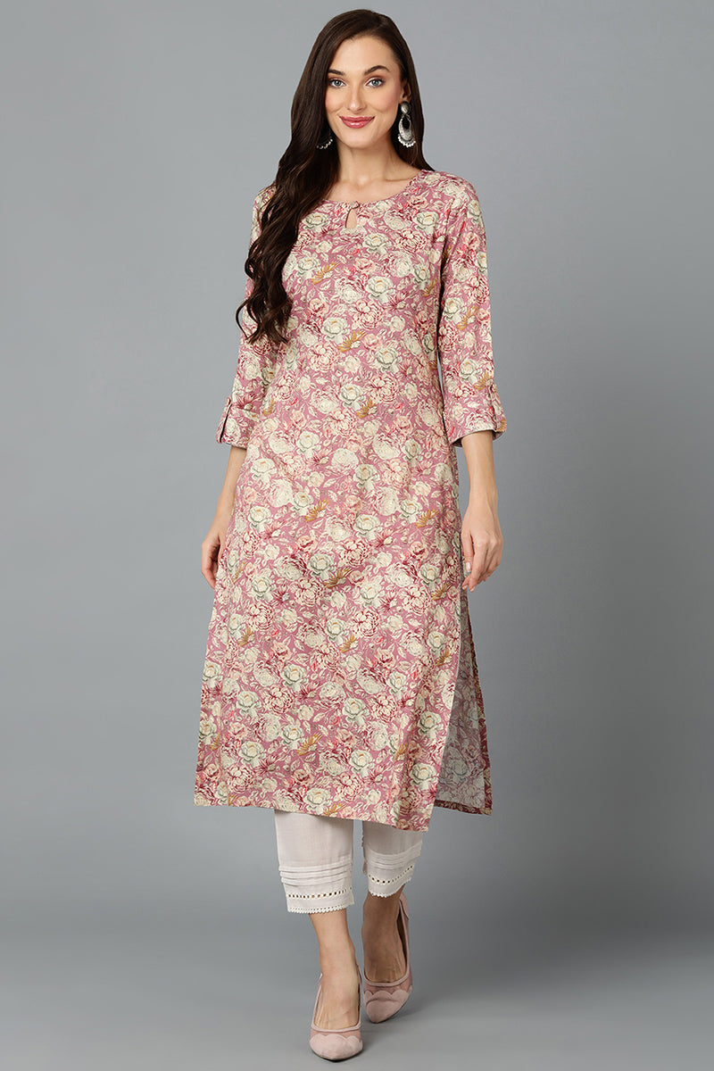 Cotton Rose Pink Printed Straight Kurta VCK9246