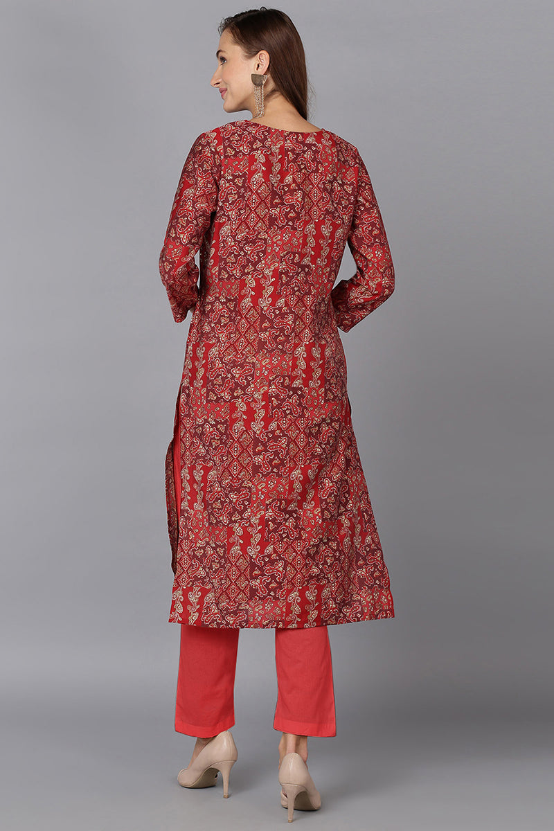 Red Silk Blend Ethnic Motifs Straight Kurta VCK9247