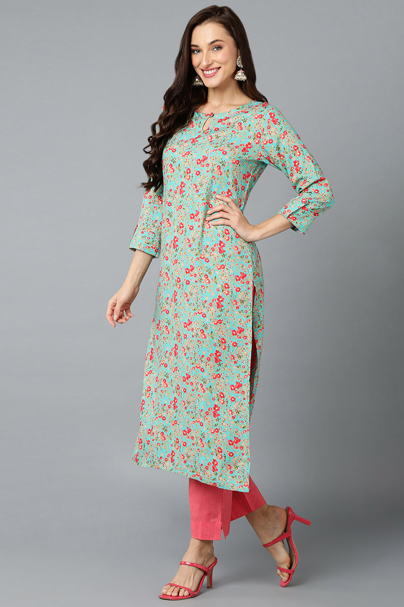 Chinon Turquoise Floral Printed Straight Kurta VCK9251