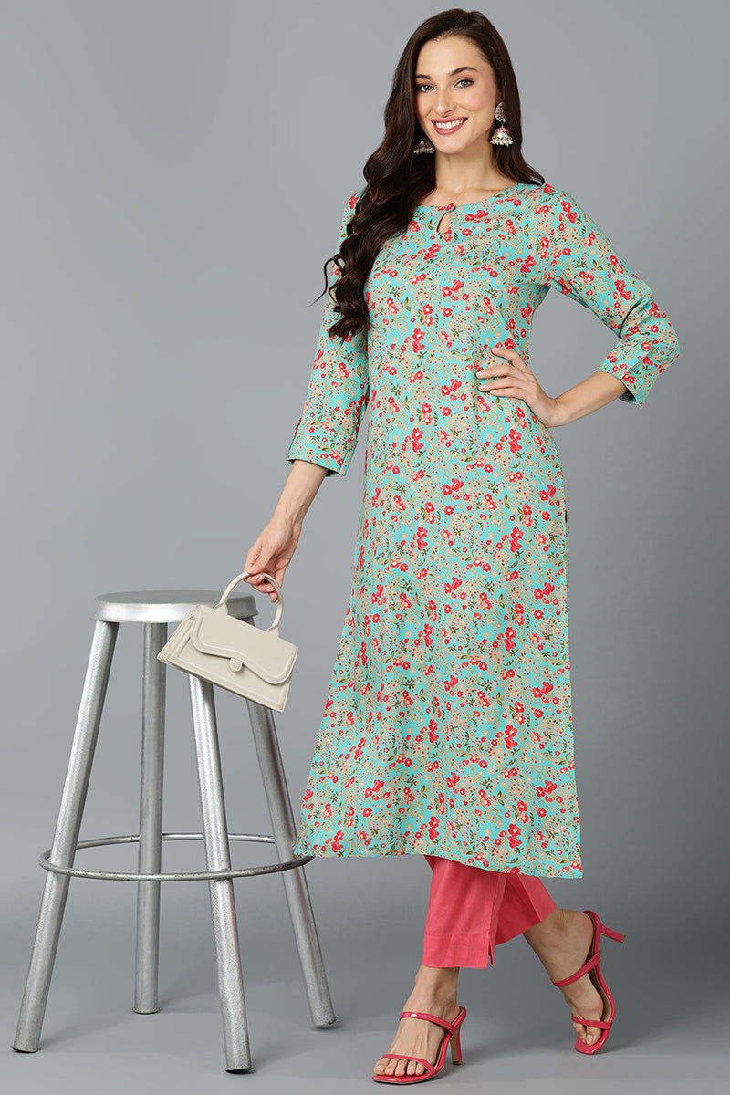 Chinon Turquoise Floral Printed Straight Kurta VCK9251
