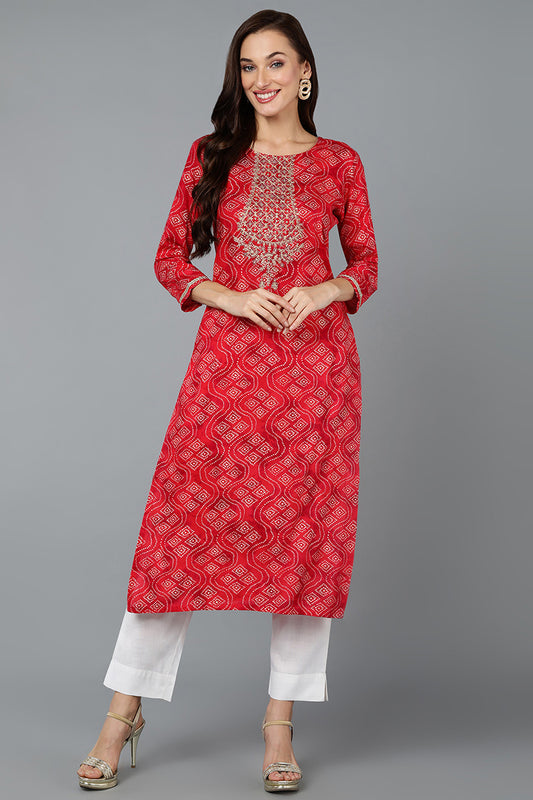 Cotton Blend Red Bandhani Print Straight Kurta VCK9258