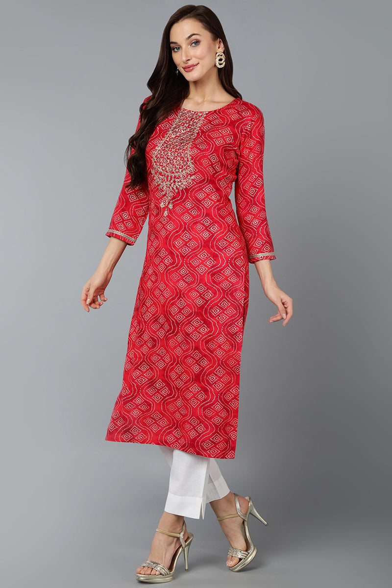 Cotton Blend Red Bandhani Print Straight Kurta VCK9258