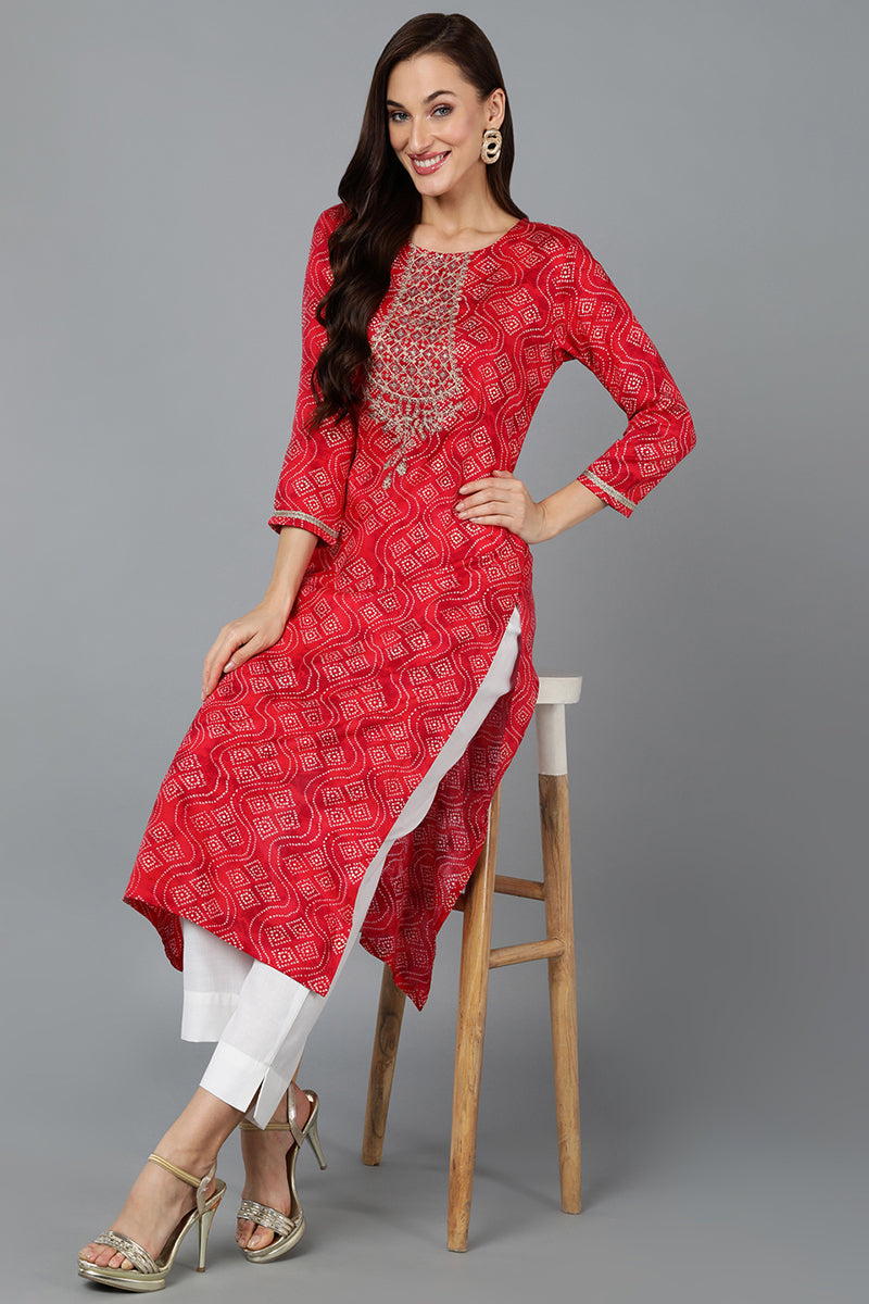 Cotton Blend Red Bandhani Print Straight Kurta VCK9258