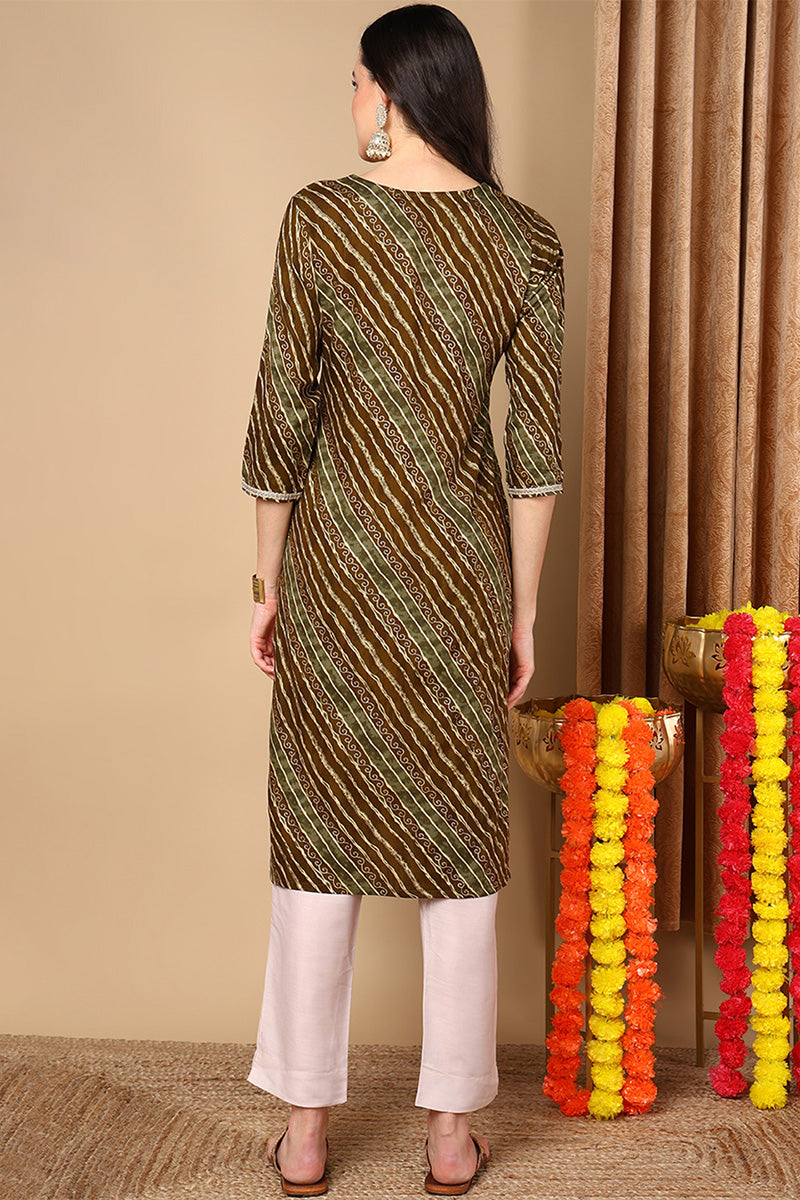 Olive Green Viscose Rayon Leheriya Printed Straight Kurta VCK9260