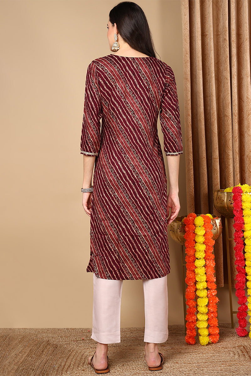 Burgundy Viscose Rayon Leheriya Printed Straight Kurta VCK9261