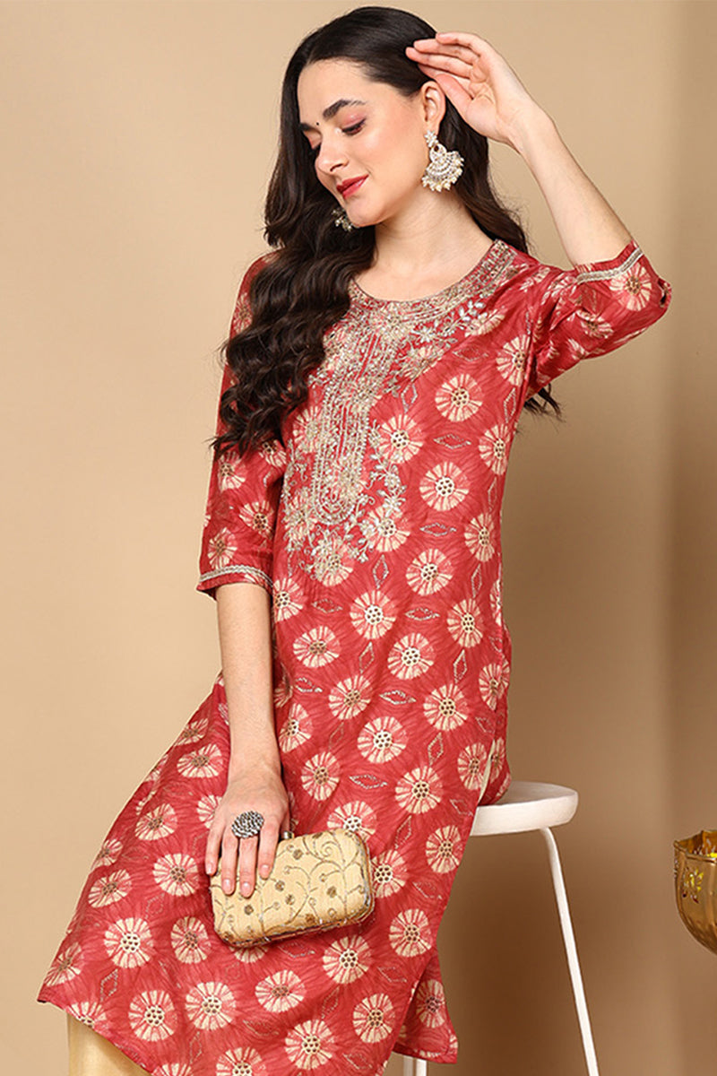 Rust Red Silk Blend Ethnic Motifs Printed Straight Kurta VCK9264