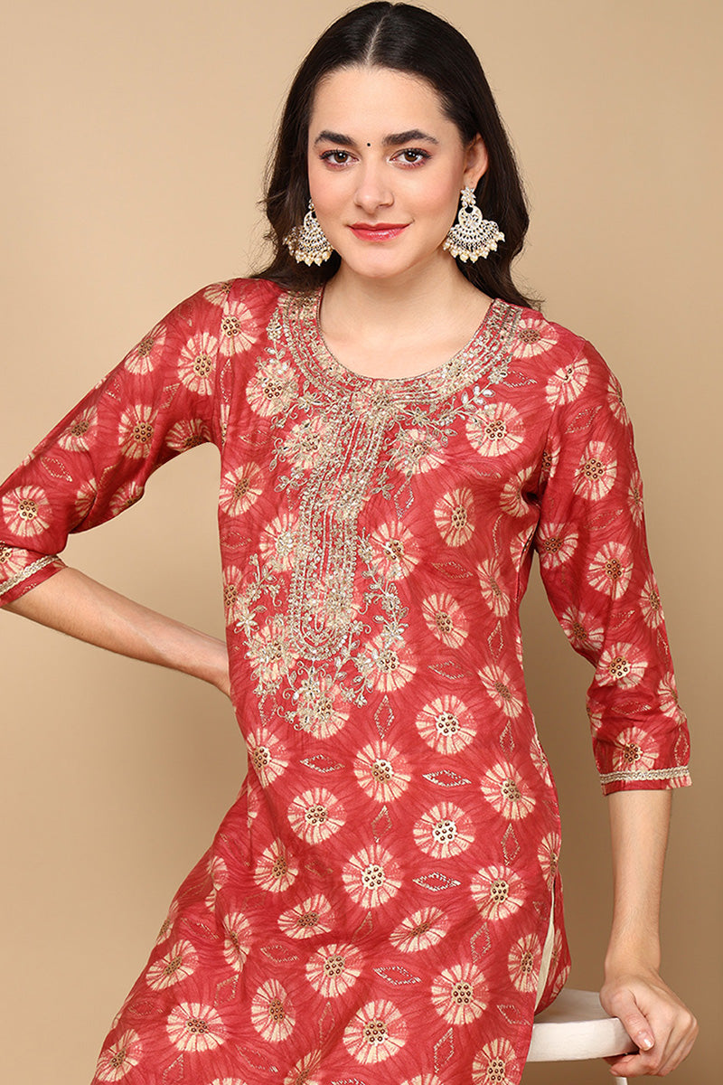 Rust Red Silk Blend Ethnic Motifs Printed Straight Kurta VCK9264