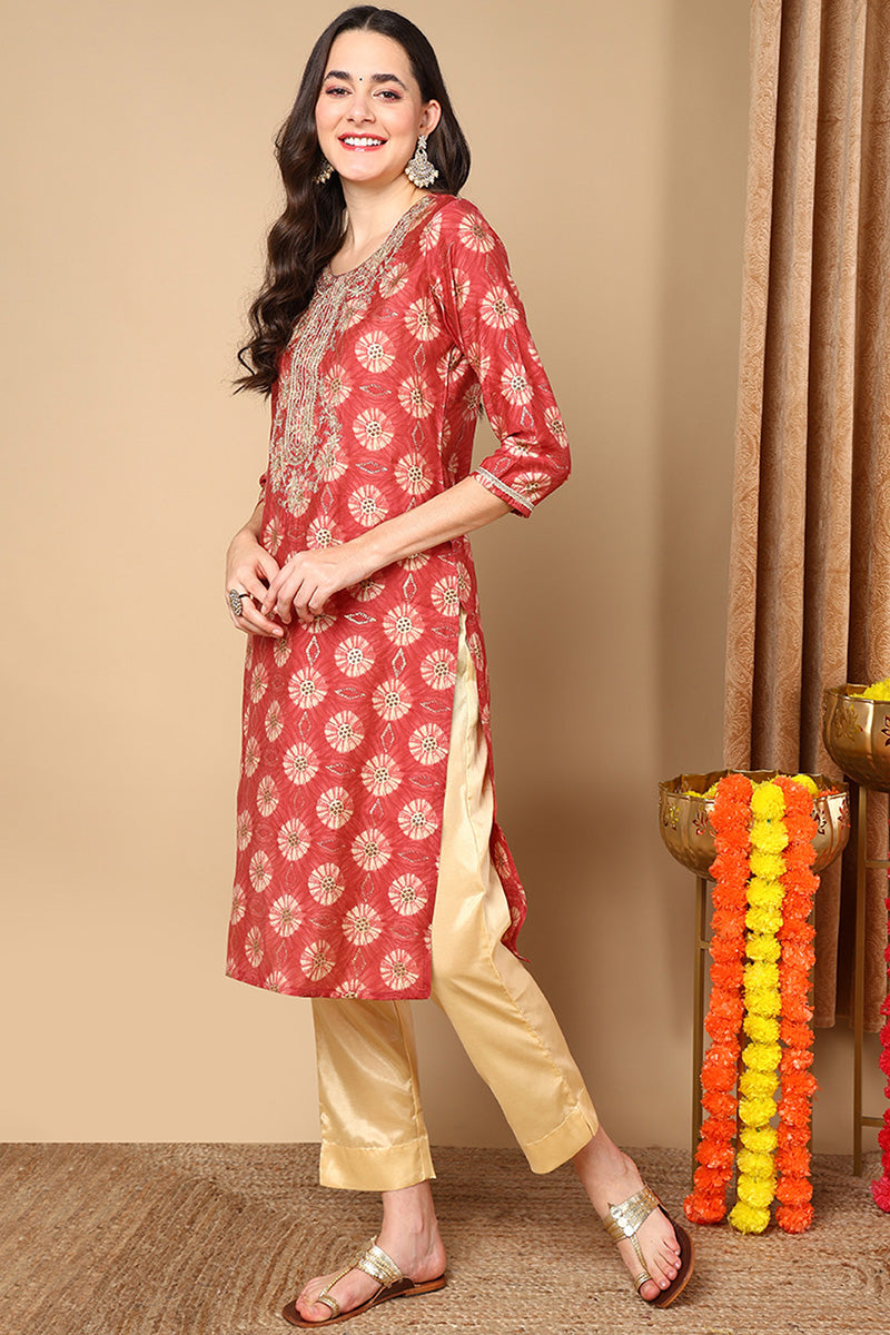 Rust Red Silk Blend Ethnic Motifs Printed Straight Kurta VCK9264