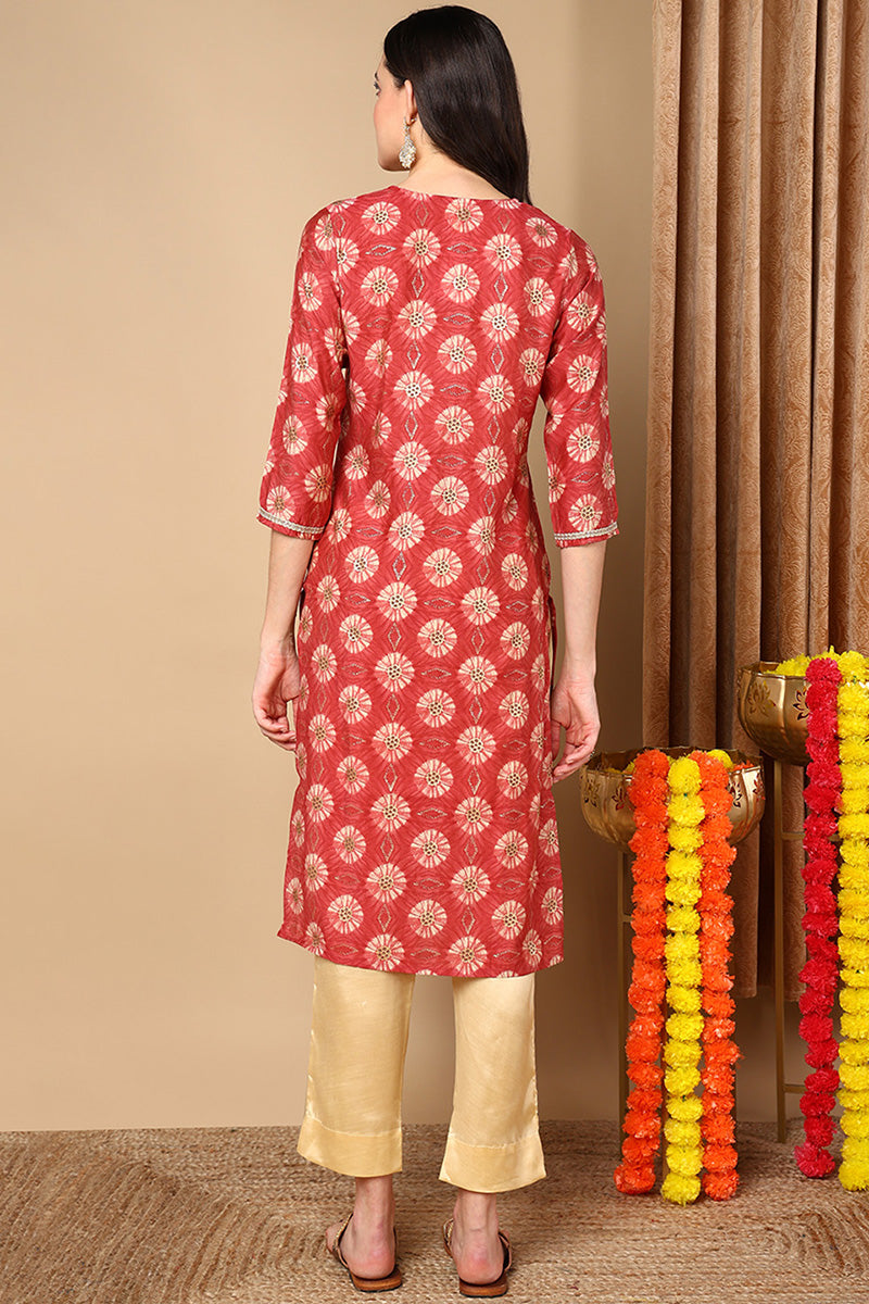 Rust Red Silk Blend Ethnic Motifs Printed Straight Kurta VCK9264