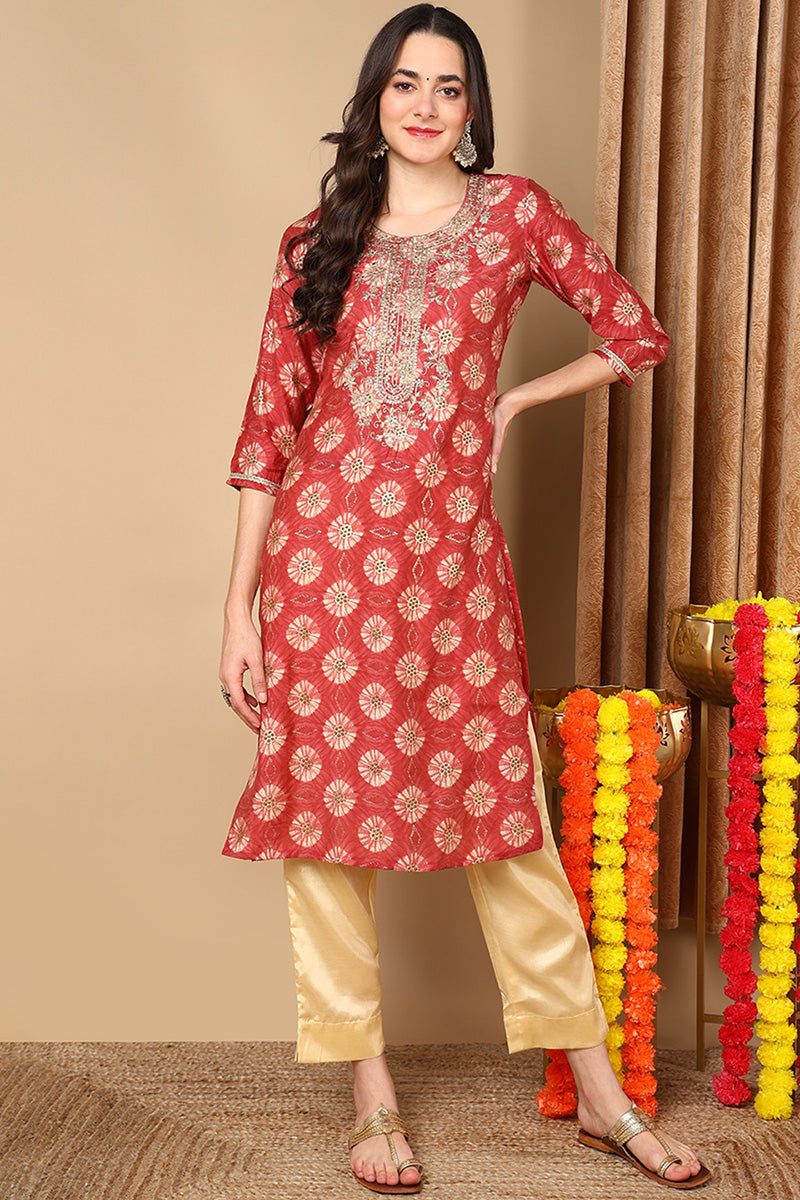 Rust Red Silk Blend Ethnic Motifs Printed Straight Kurta VCK9264