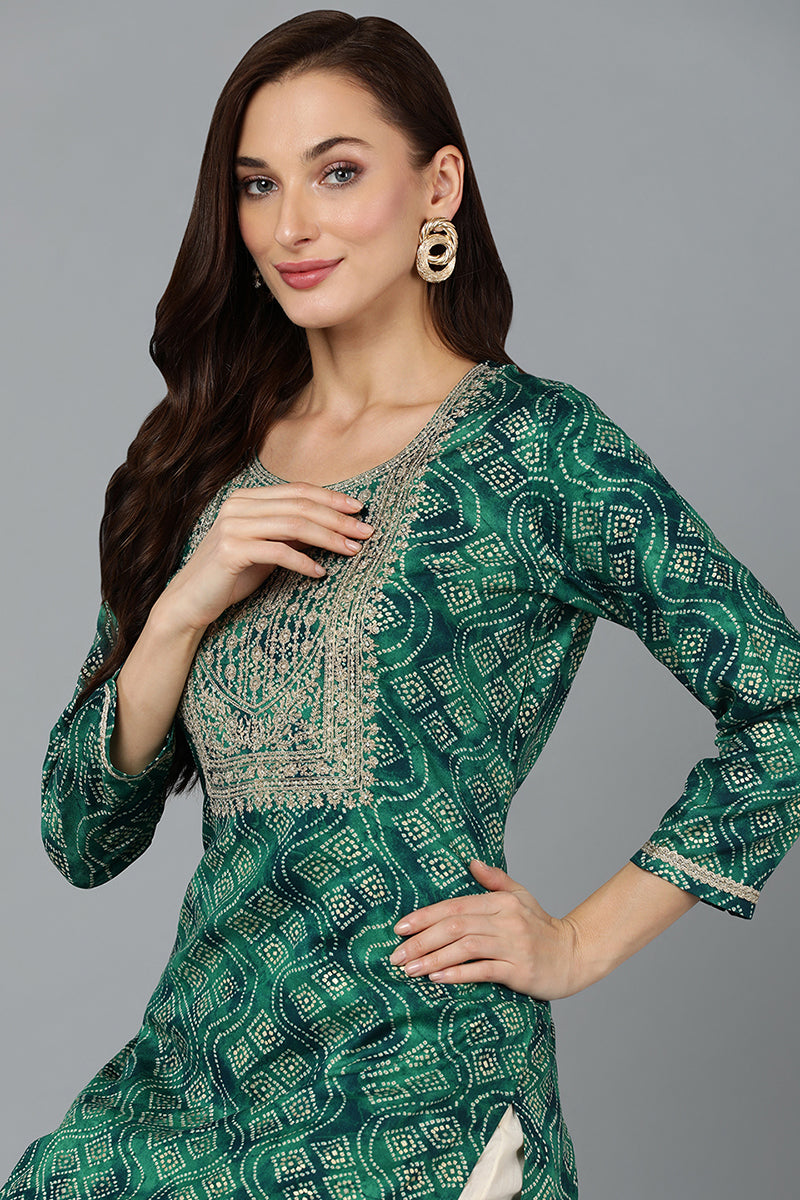 Cotton Blend Green Bandhani Print Straight Kurta VCK9276