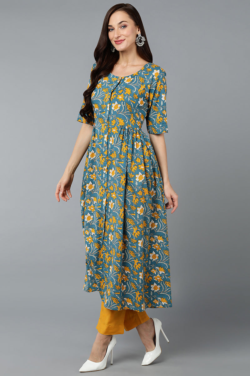 Cotton Blend Sky Blue Floral Printed Flared Kurta VCK9280