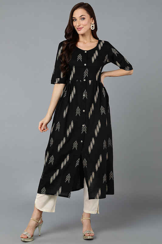 Cotton Blend Black Ikat Printed Flared Kurta VCK9281