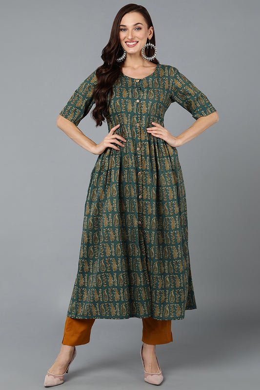 Cotton Blend Green Paisley Printed Flared Kurta VCK9283