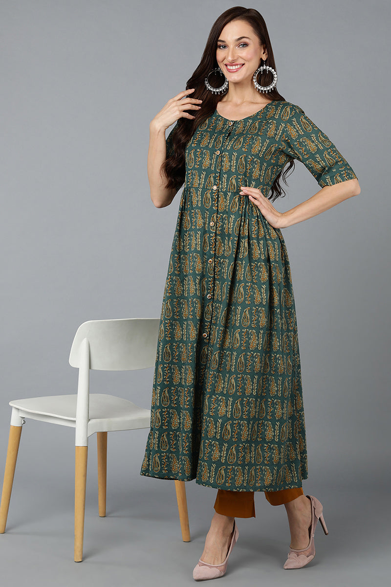 Cotton Blend Green Paisley Printed Flared Kurta VCK9283