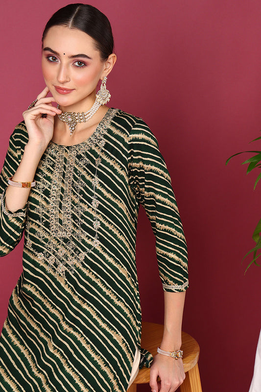 Green Viscose Rayon Leheriya Printed Straight Kurta VCK9287