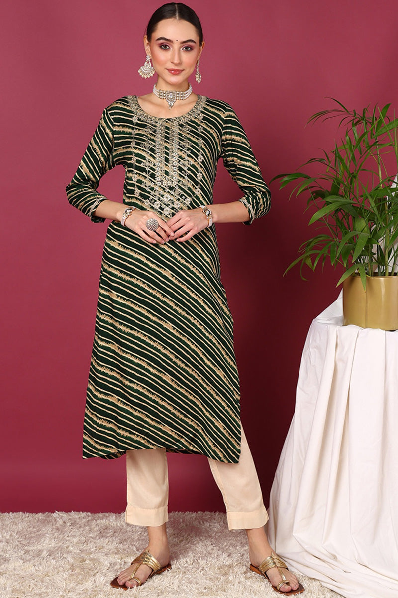 Green Viscose Rayon Leheriya Printed Straight Kurta VCK9287