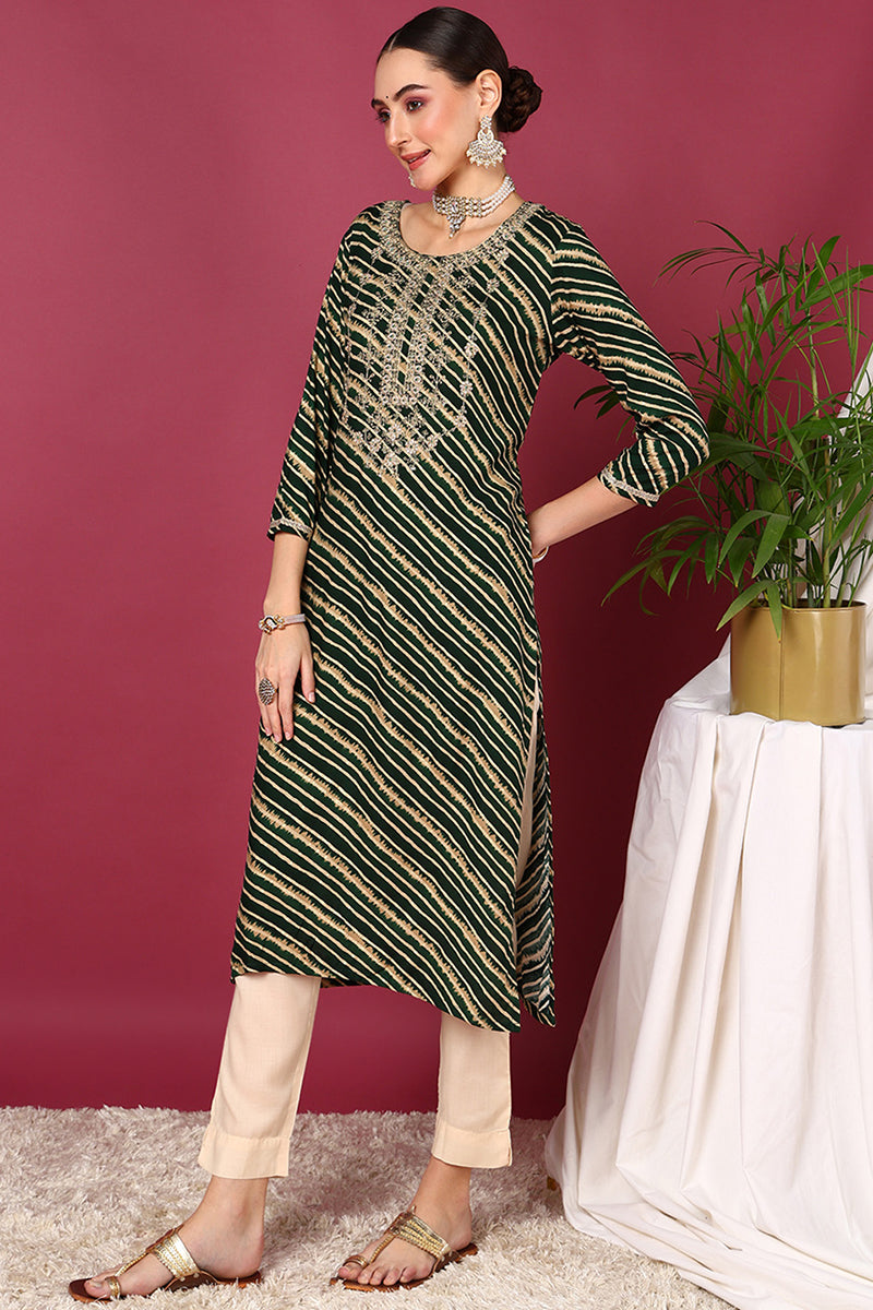 Green Viscose Rayon Leheriya Printed Straight Kurta VCK9287