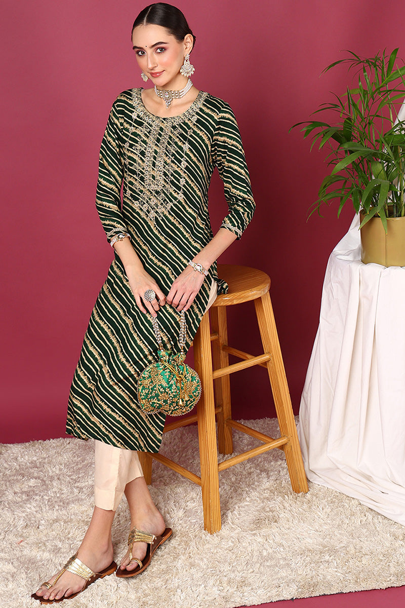 Green Viscose Rayon Leheriya Printed Straight Kurta VCK9287