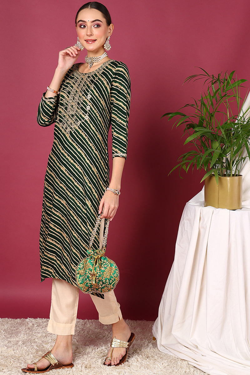 Green Viscose Rayon Leheriya Printed Straight Kurta VCK9287