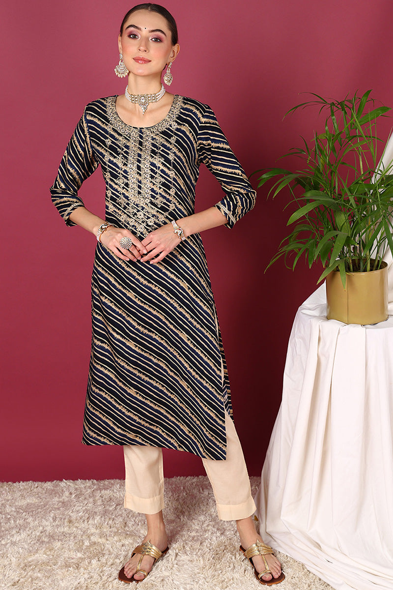 Navy Blue Viscose Rayon Leheriya Printed Straight Kurta VCK9288