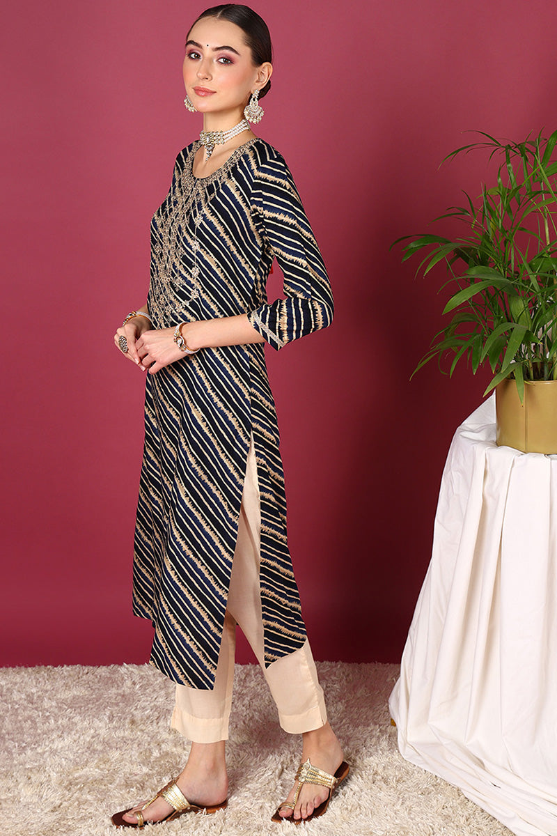 Navy Blue Viscose Rayon Leheriya Printed Straight Kurta VCK9288