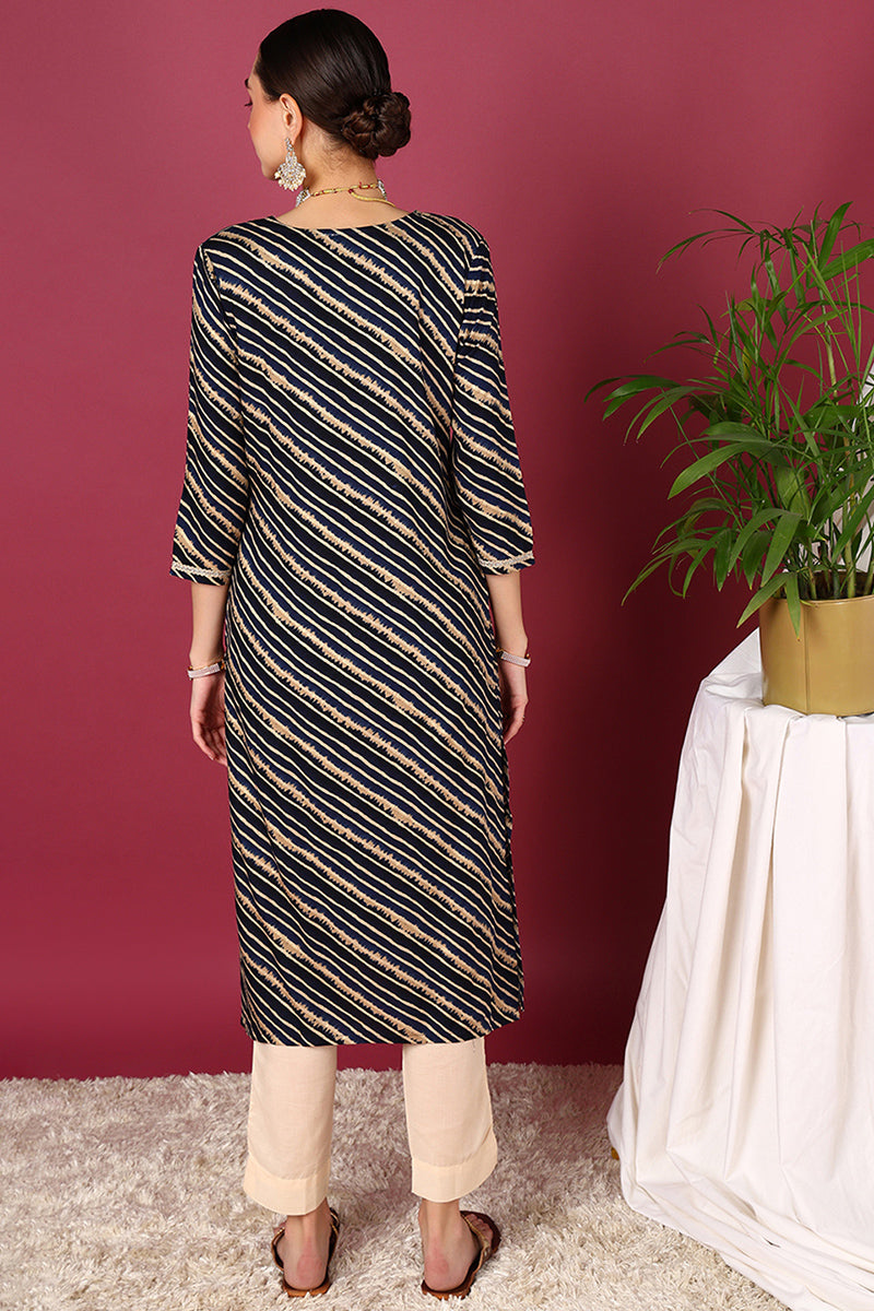 Navy Blue Viscose Rayon Leheriya Printed Straight Kurta VCK9288