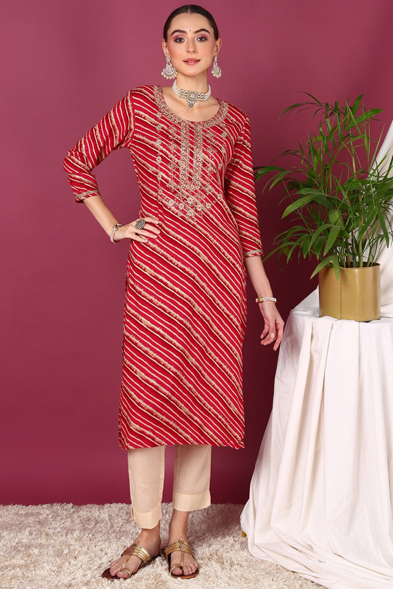 Rani Pink Viscose Rayon Leheriya Printed Straight Kurta VCK9289