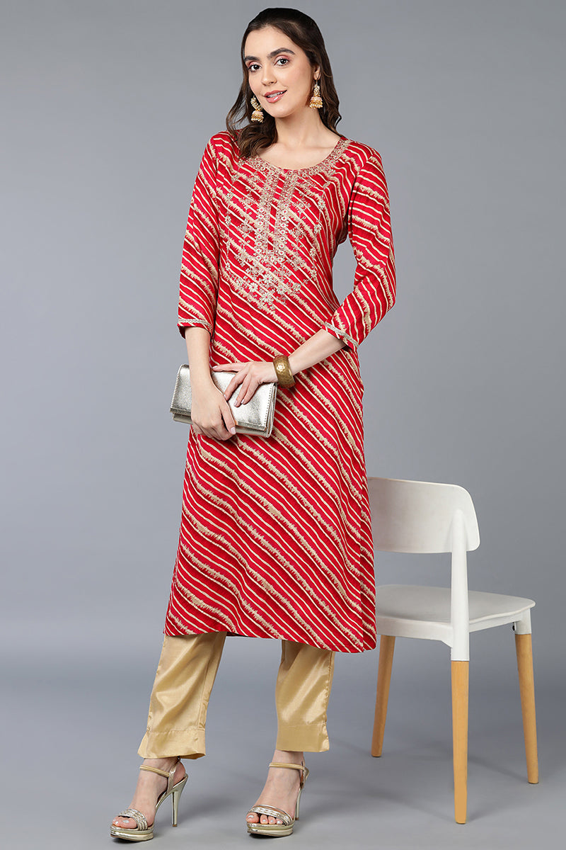 Rani Pink Viscose Rayon Leheriya Printed Straight Kurta VCK9289