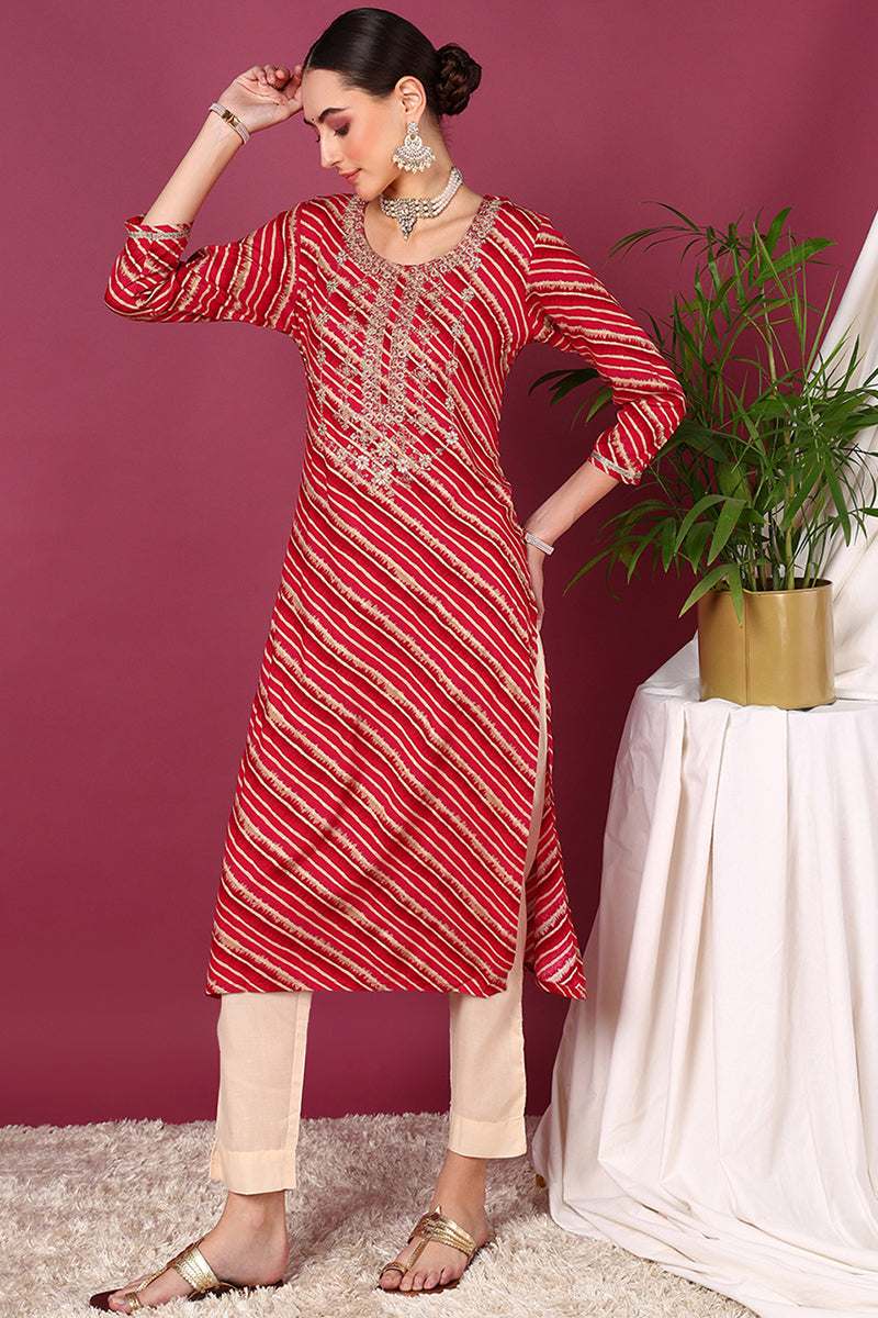 Rani Pink Viscose Rayon Leheriya Printed Straight Kurta VCK9289